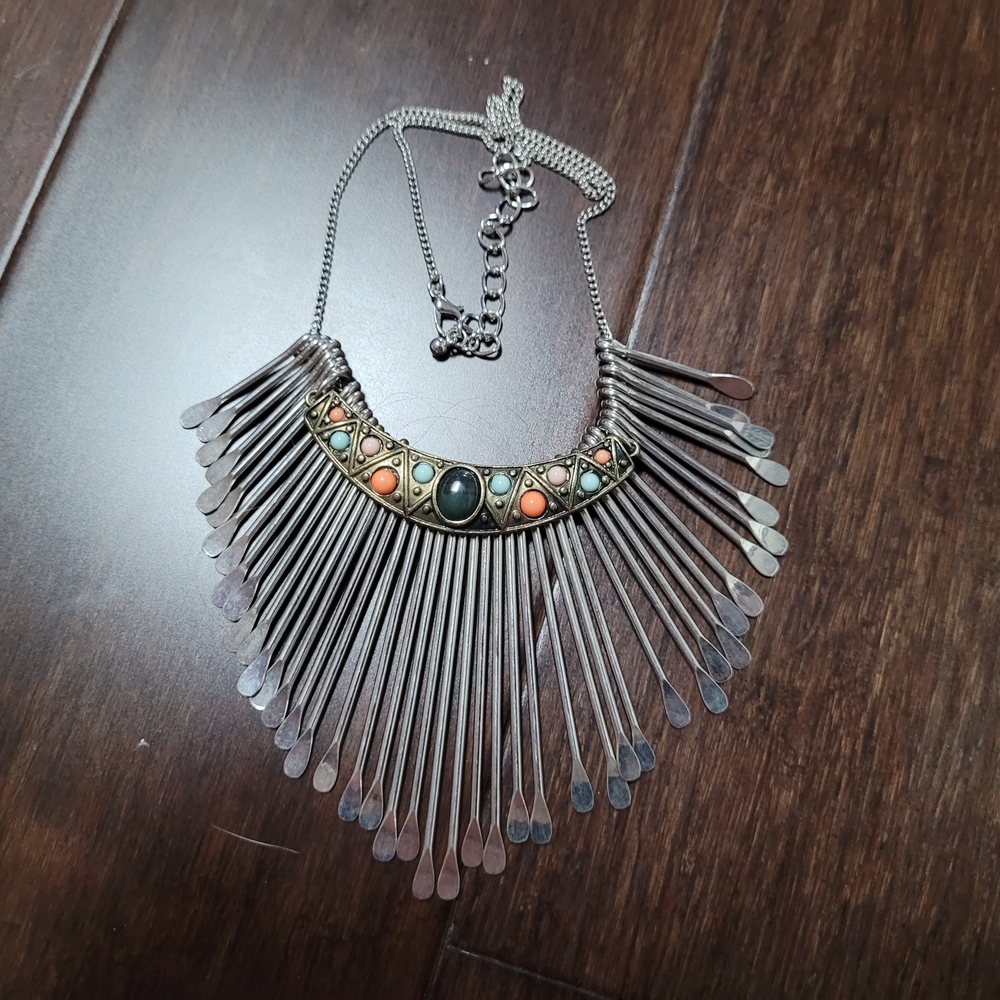 Silver and Gold Fringe Necklace with Tribal Design